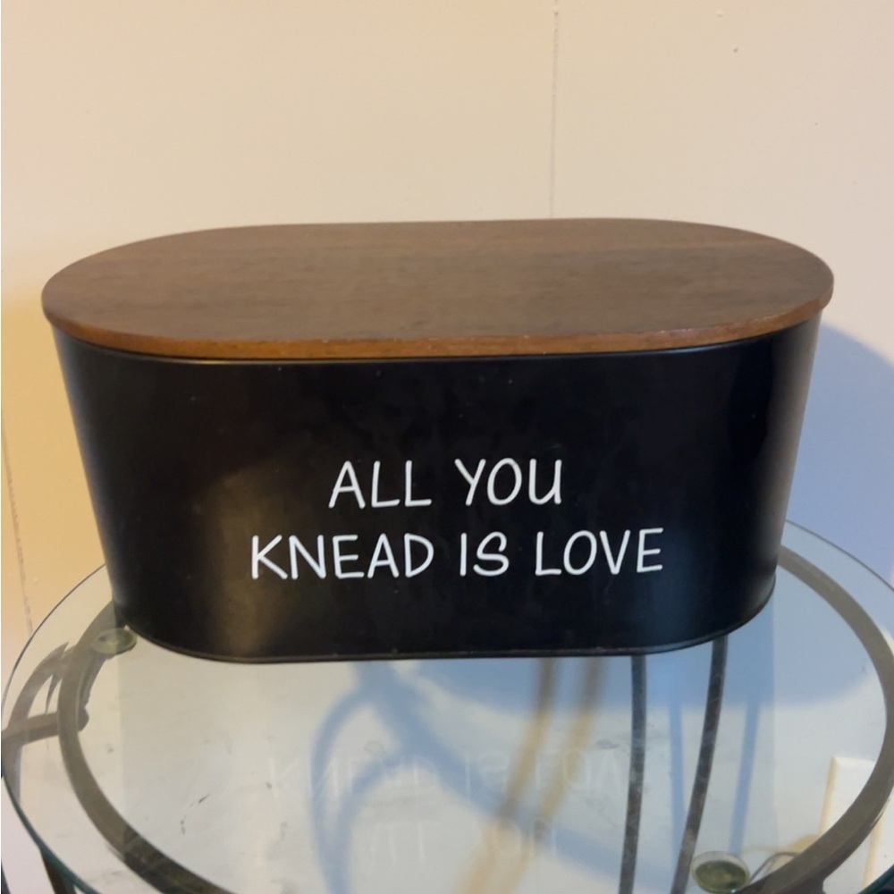 Black Metal Bread Box with Wood Lid - "All You Knead Is Love" Farmhouse Rustic